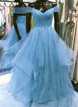 Picture of Cute Blue Tulle Sweetheart Layers Long Formal Dress, Blue Evening Gown Prom Dresses